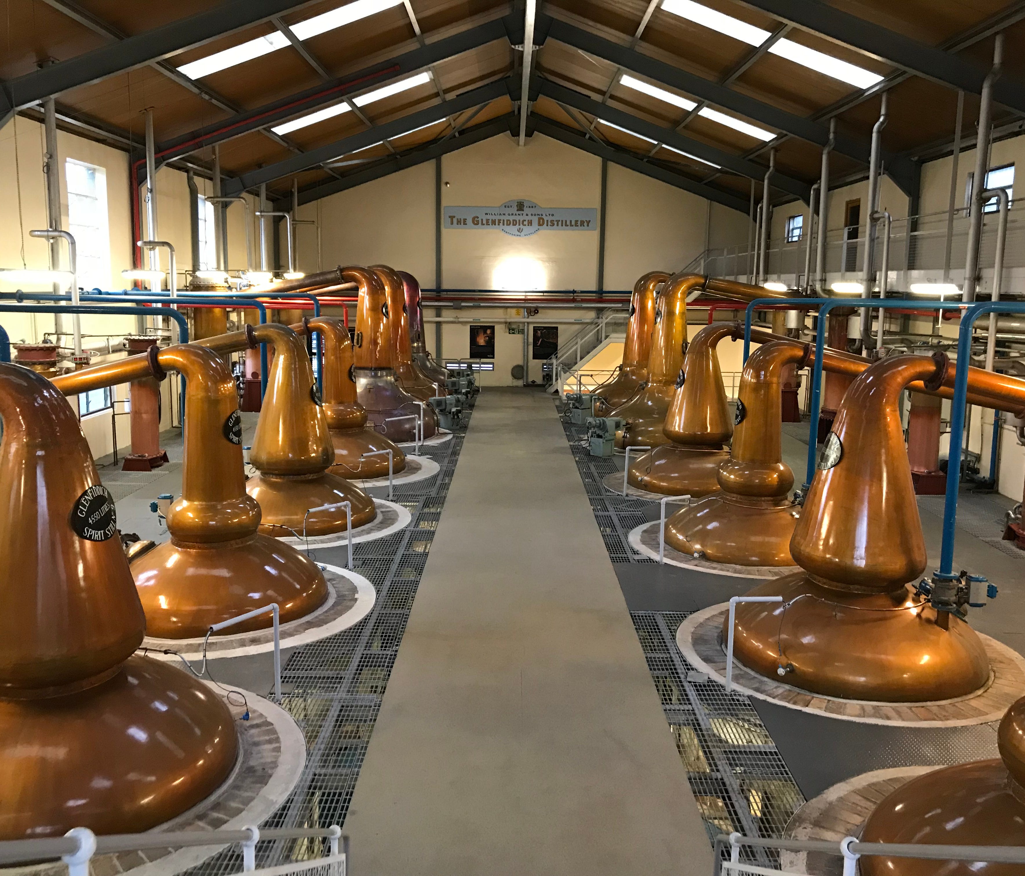 There are two still houses at Glenfiddich with a total of 30 pot stills. These include wash stills for the first distillation, and spirit stills for the second distillation.