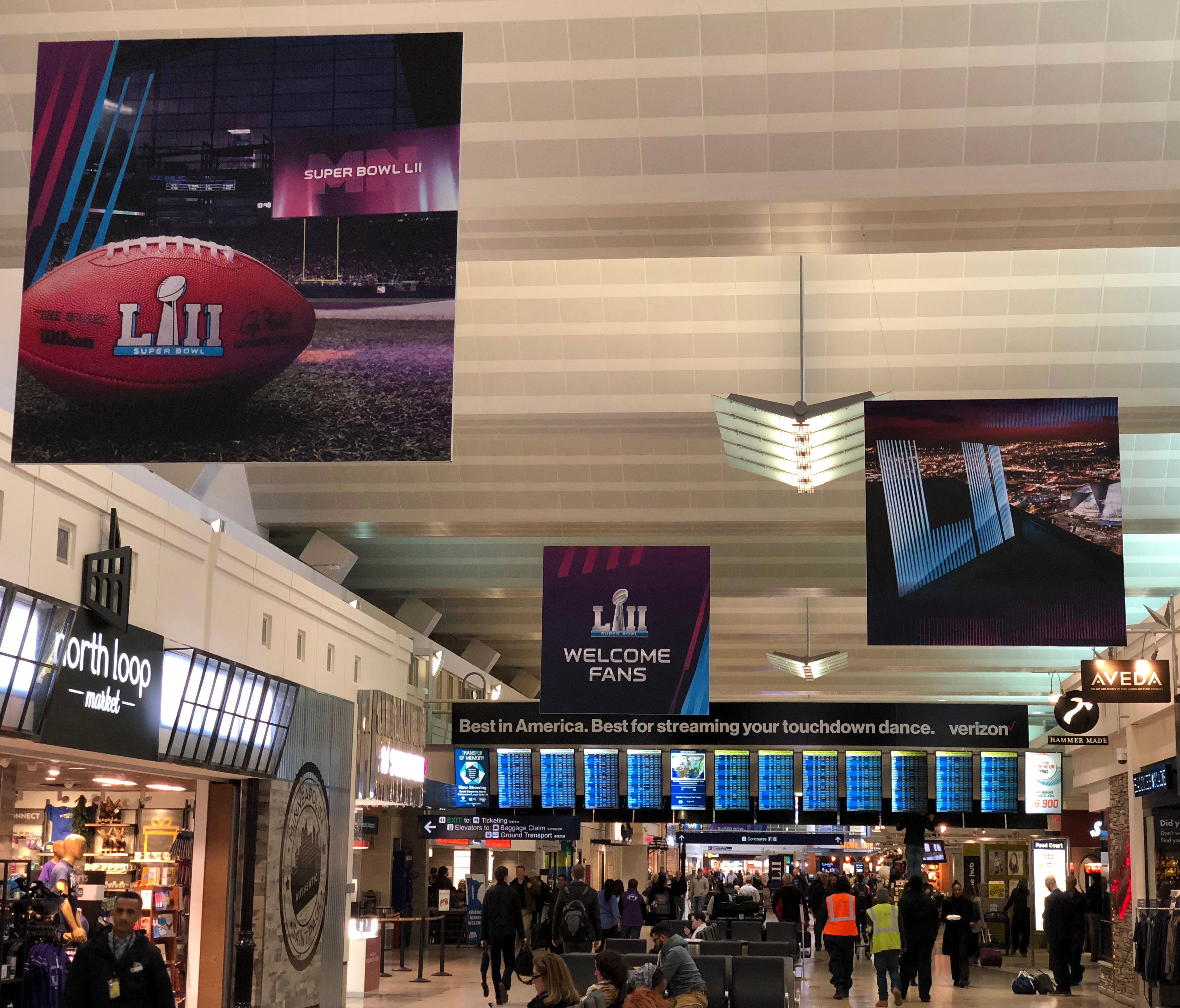 A general view of Super Bowl LII signage at Terminal 1 of the Minneapolis/St. Paul International Airport as seen Jan. 29, 2018, ahead of the Super Bowl.