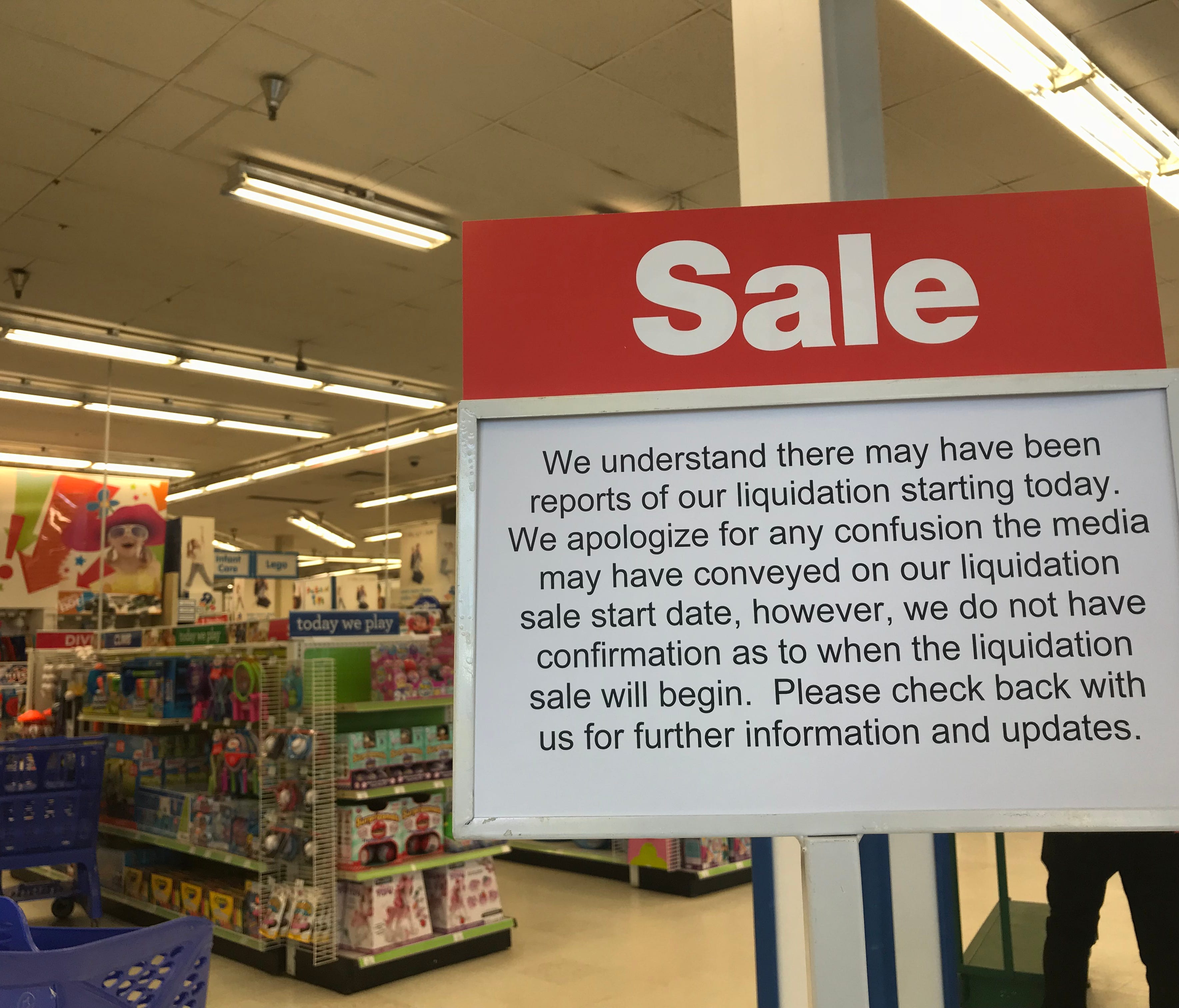 A sign at the Toys R Us on Route 17 in Paramus announcing that liquidation sales were not taking place Thursday, March 22, 2018.
