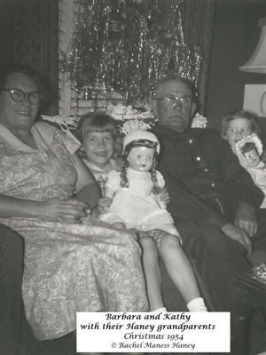 Barbara Haney Shepard and Kathy Haney Williams visited their grandparents Ernest and Bessie Eason Haney on Christmas Day 1954.