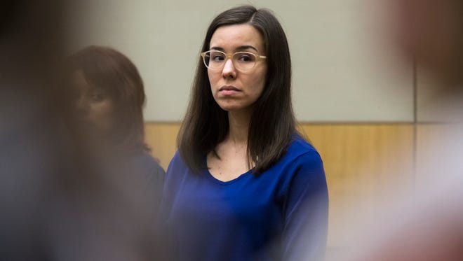 Jodi Arias stands as the jury leaves the courtroom during the sentencing phase of her retrial at Maricopa County Superior Court in Phoenix on Feb. 23, 2015.