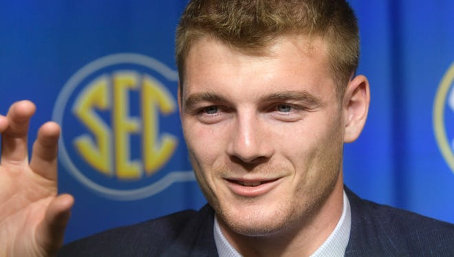 NCAA college football quarterback Kyle Shurmur of Vanderbilt is interviewed during the Southeastern Conference Media Days at the College Football Hall of Fame in Atlanta, Thursday, July 19, 2018.