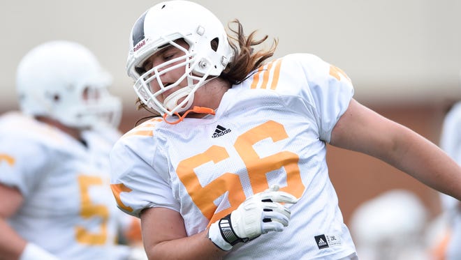 Tennessee offensive lineman Jack Jones (66) runs during football practice at Haslam Field on Tuesday, April 14, 2015, in Knoxville, Tenn. (ADAM LAU/NEWS SENTINEL)