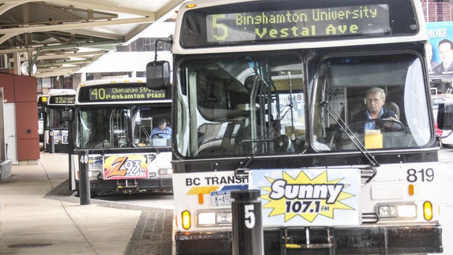 B.C. Transit buses prepare to leave the Greater Binghamton Transportation Center.