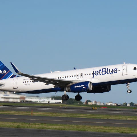A JetBlue plane preparing to land.
