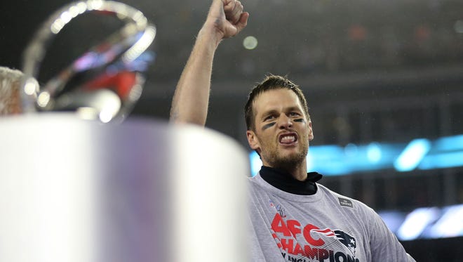 Tom Brady celebrates the New England Patriots defeated the Pittsburgh Steelers in the AFC Championship on Jan. 22, 2017 in Foxboro, Massachusetts.