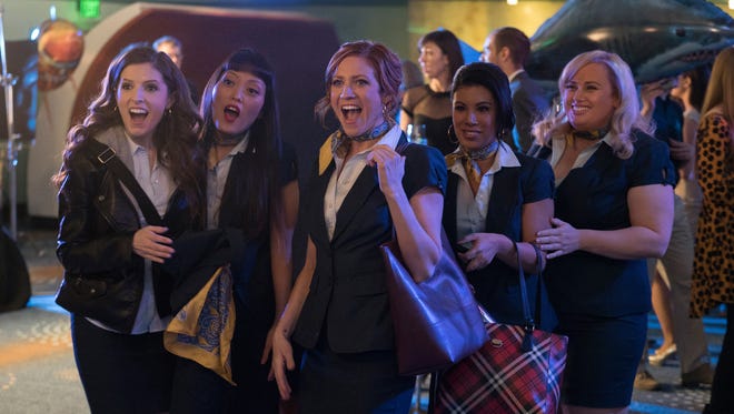 The Barden Bellas — including Anna Kendrick (far left), Hana Mae Lee, Brittany Snow, Chrissie Fit and Rebel Wilson — are back for more musical shenanigans in 'Pitch Perfect 3.'
