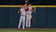 The NC State Wolfpack celebrate after defeating the