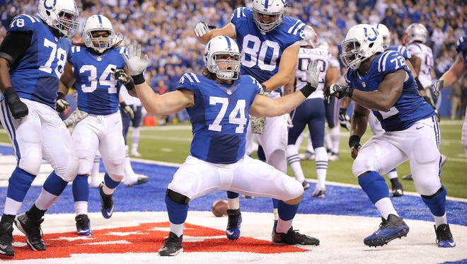 Indianapolis Colts tackle Anthony Castonzo does his touchdown dance after a second half pass reception from Andrew Luck. Indianapolis hosted New England at Lucas Oil Stadium on Sunday, November 16, 2014.