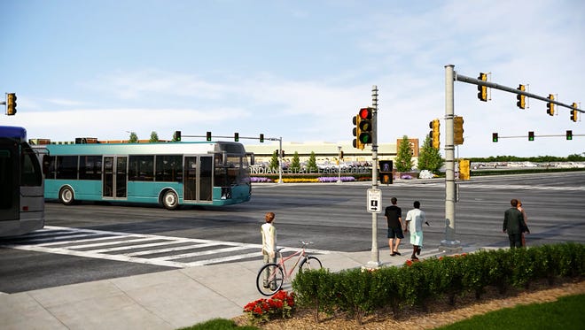 A rendering illustrates how a light rail service would be part of an Indianapolis-area transit plan that also includes trains and buses. HNTB rendering provided by Indy Connect
&lt;b&gt;01/26/2012 - B03 - MAIN - 2ND - THE INDIANAPOLIS STAR&lt;/b&gt;&lt;br /&gt;A light rail service would operate Downtown as part of a broader transit plan that also would include expanded bus service.