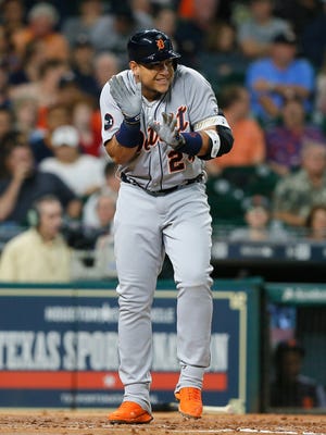 Tigers first baseman Miguel Cabrera reacts after walking in the fourth inning Monday in Houston.