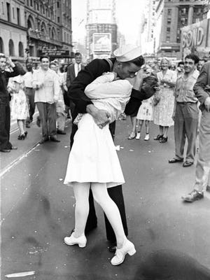 Photographer Alfred Eisenstaedt's famous "sailor kissing the nurse" image from Times Square celebration of V-J Day and the end of World War II.