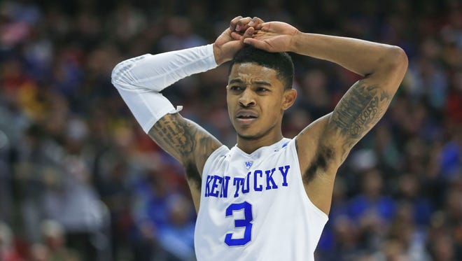 Kentucky's Tyler Ulis reacts after getting called for a foul late in the second half against Indiana in Des Moines.  Ulis would foul out after scoring 27 points with three assists and two steals with four turnovers in 39 minutes of play.