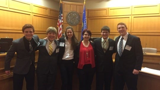 The Wausau West High School Mock Trial team makes an appearance at the State Mock Trial competition March 12 in Madison. Pictured, from left, are Wyatt Joswiak, Aaron Schmidlkofer, Ava Sczygelski, Leisha Krahn, James Dickas and Derrick Talg.