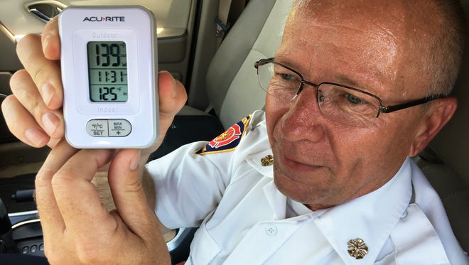 Fremont Fire Chief Dave Foos shows the temperature inside his vehicle during "Beat the Heat." During the event participants spent 30 minutes inside their vehicle with a window only slightly cracked to raise public awareness of the dangers of leaving children or pets in an unattended parked car in the heat. 