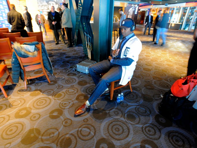 New Tigers outfielder Justin Upton sits as he is interviewed