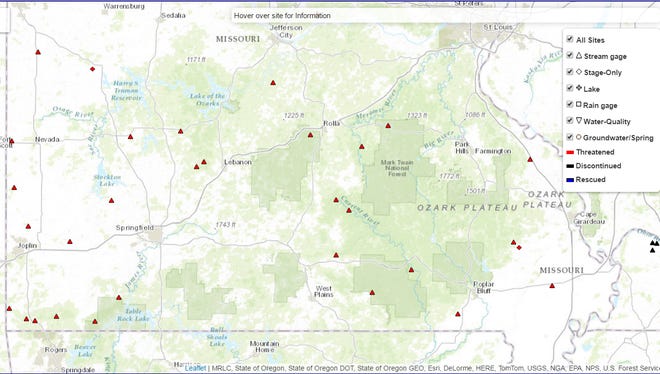 Each red triangle represents a stream gauge that is threatened with discontinuation because of a lack of funding.