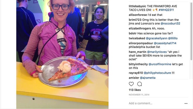 An Instagram post from Little Baby's Ice Cream in Philadelphia shows its pizza ice cream atop a slice.