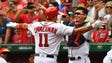 July 27:  Ryan Zimmerman is congratulated by catcher
