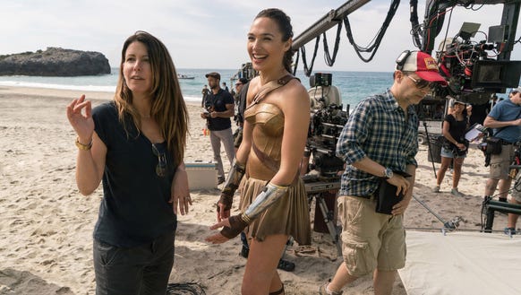 Patty Jenkins (left) directs Gal Gadot on the set of