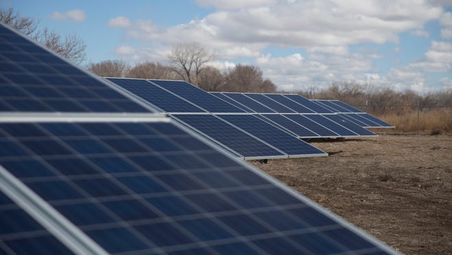 Solar panels are pictured on Monday, March 12, 2018 at the Aztec solar farm.