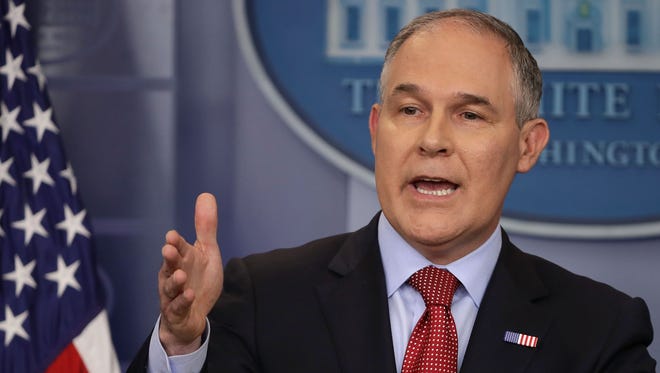 WASHINGTON, DC - JUNE 02:  Environmental Protection Agency Administrator Scott Pruitt answers reporters' questions during a briefing at the White House June 2, 2017 in Washington, DC. Pruitt faced a barrage of questions related to President Donald Trump's decision to withdraw the United States from the Paris climate agreement.