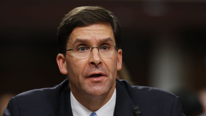Mark Esper testifies before the Senate Armed Services Committee during his confirmation hearing to be secretary of the U.S. Army in the Dirksen Senate Office Building on Capitol Hill November 2, 2017 in Washington, DC. Nominated by President Donald Trump, Esper is an Army veteran and currently serves as vice president of government relations for the giant defense contractor Raytheon.