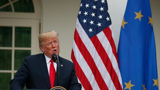 President Donald Trump speaks in the Rose Garden of the White House accompanied by European Commission president Jean-Claude Juncker, Wednesday, July 25, 2018, in Washington.