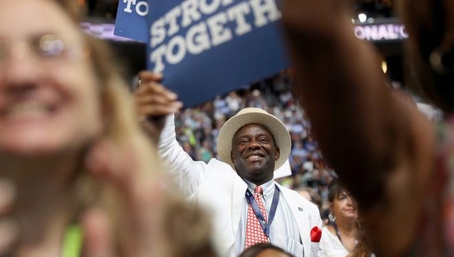 Delegates cheer on the first day of the Democratic National Convention in Philadelphia.