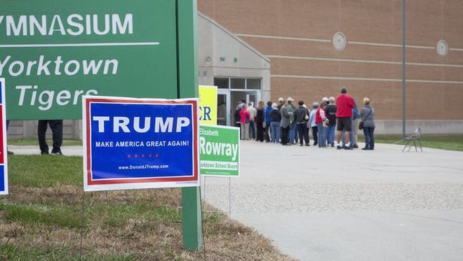 Delaware County voters line up at a polling place on Tuesday.