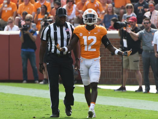 Tennessee defensive back Emmanuel Moseley (12) reacts