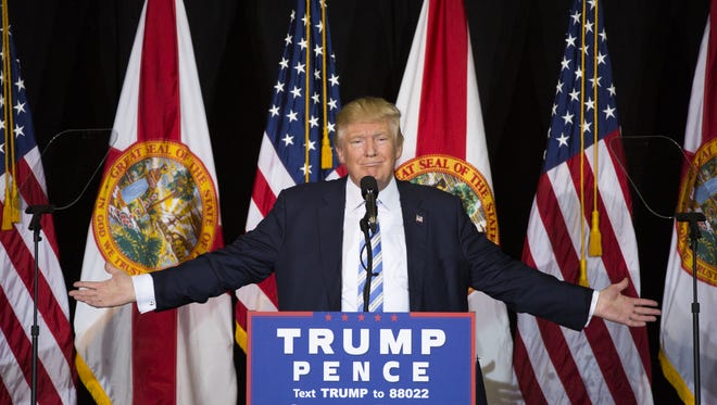 Donald Trump speaks at Robarts Arena on the Sarasota fair grounds on  Nov. 7, 2016, in Sarasota, Florida.