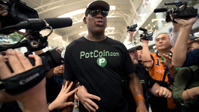 Former NBA basketball player Dennis Rodman arrives at Beijing Capital International Airport in Beijing, Tuesday, June 13, 2017. North Korea is expecting another visit by former NBA bad boy Rodman on Tuesday in what would be his first to the country since President Donald Trump took office.