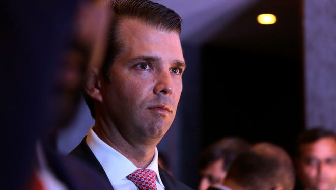 The eldest son of U.S. President Donald Trump, Donald Trump Jr. arrives for a meeting with journalists in Kolkata, India, on Feb. 21, 2018.