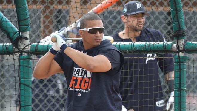 Tigers' Victor Martinez takes batting practice during spring training Tuesday, Feb. 21, 2017 at Publix Field at Joker Marchant Stadium in Lakeland, Fla.