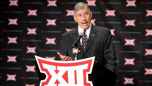 In this July 18, 2016, file photo, Big 12 commissioner Bob Bowlsby addresses attendees during Big 12 media day in Dallas. The Big 12 board of directors meets Monday, Oct. 17 in Dallas and the topic of expansion will be addressed.  Not necessarily decided, but definitely addressed. (AP Photo/Tony Gutierrez, File)