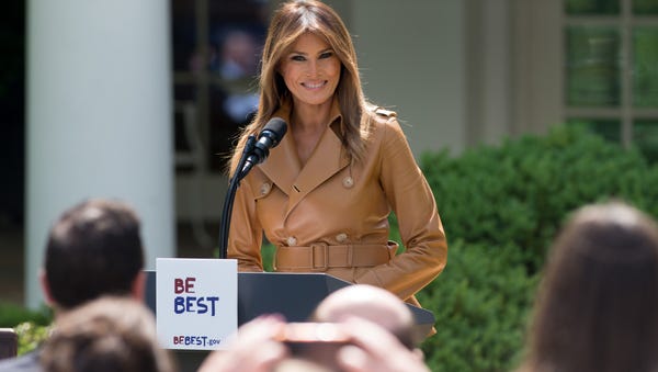 First lady Melania Trump in the Rose Garden of...