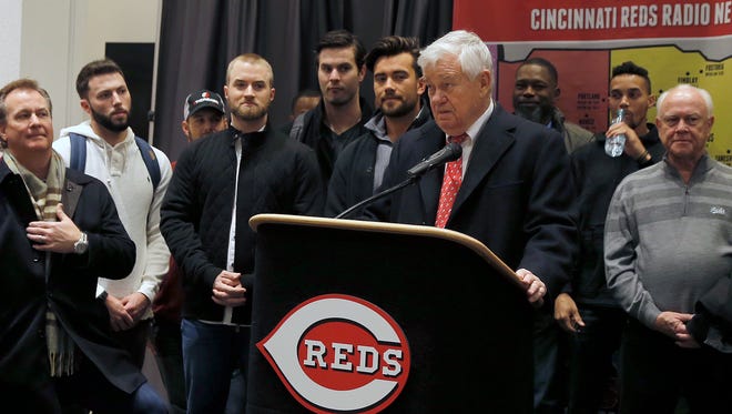 Reds owner Bob Castellini speaks during Thursday's Reds Caravan kickoff at the Reds Hall of Fame Thursday.