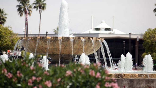A bubbling fountain at Palm Springs International Airport.