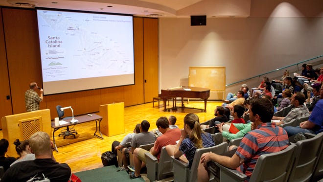 A crowd listens in at the Dunford Auditorium on the campus of Utah Tech University in St. George during a presentation. The auditorium is set to host a series of lectures this spring semester as part of UT's University Forum program.