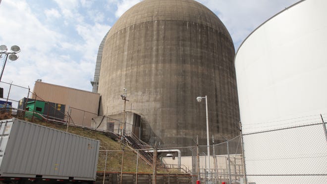 A structure which houses part of the spent fuel pool for Indian Point 3 is seen at left, attached to the reactor dome at the Indian Point Nuclear Generating Station in Buchanan.