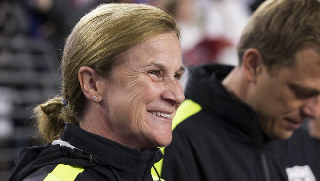 U.S. women's national team head coach Jill Ellis smiles before playing against China P.R. in a friendly at University of Phoenix Stadium in Glendale December 13, 2015.