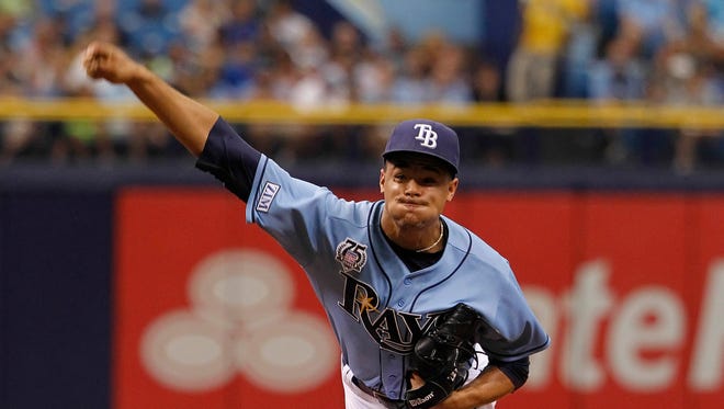 Tampa Bay Rays starting pitcher Chris Archer (22) throws a pitch during the third inning against the Boston Red Sox at Tropicana Field.