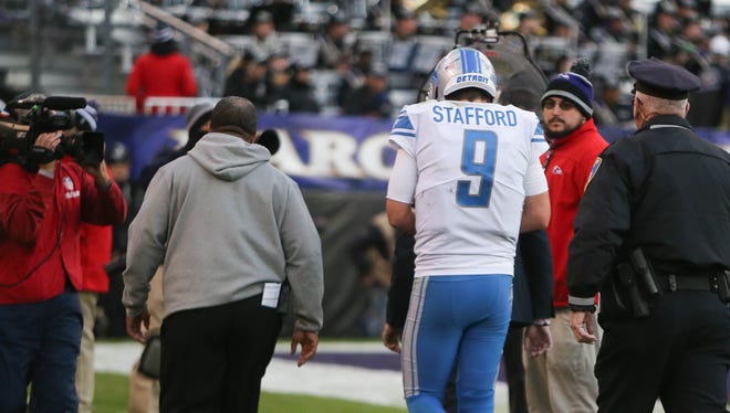 Lions quarterback Matthew Stafford leaves the game after suffering a hand injury during the fourth quarter of the Lions' 44-20 loss on Sunday, Dec. 3, 2017, in Baltimore.