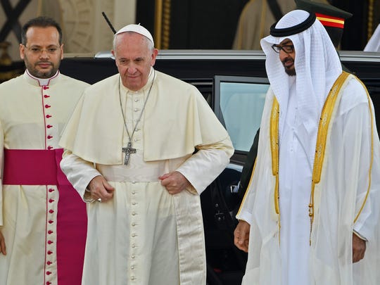 Pope Francis, who was welcomed by Abu Dhabi's Crown Prince Sheikh Mohammed bin Zayed al-Nahyan, right, upon his arrival to the presidential palace in the United Arab Emirates earlier this month. The pope has summoned more than 100 cardinals for a summit on sexual abuse.