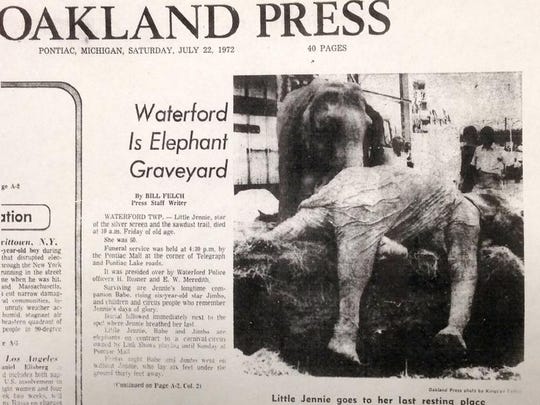This front-page photo ran in the July 22, 1972, edition of the Oakland Press. It shows one elephant, Babe, pushing the lifeless body of another elephant named Little Jennie into a freshly dug pit outside what is now Summit Place Mall.