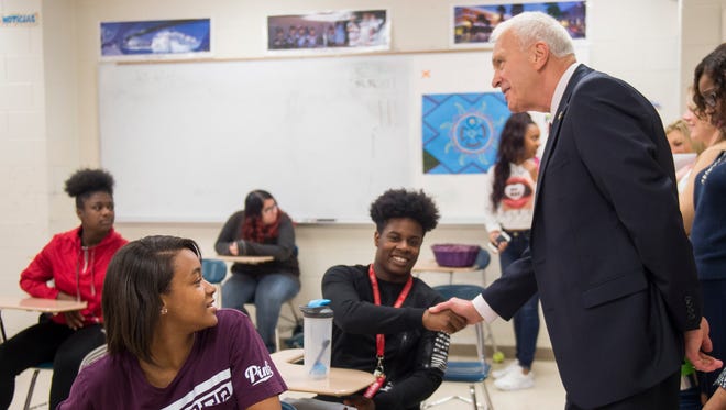 New Knox County Schools superintendent Bob Thomas, right, greets Austin-East Magnet High School students during a tour of the school on Friday, April 7, 2017. 