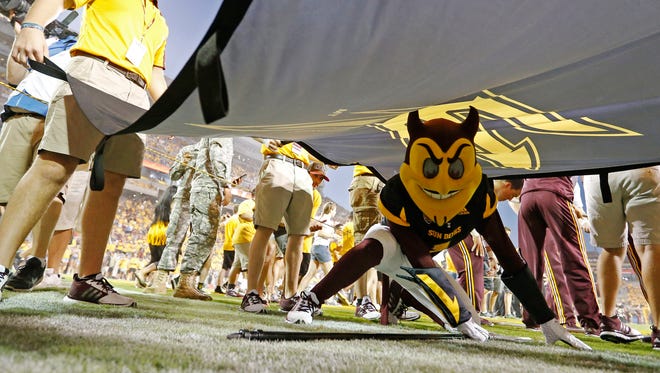 Sparky gets ready for the game against Texas Tech at Sun Devil Stadium in Tempe, Ariz. on Saturday, Sept. 10, 2016.