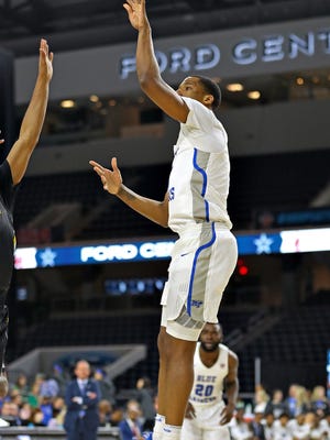 MTSU forward Nick King takes a shot in a game against Southern Miss in the Conference USA quarterfinals Thursday.