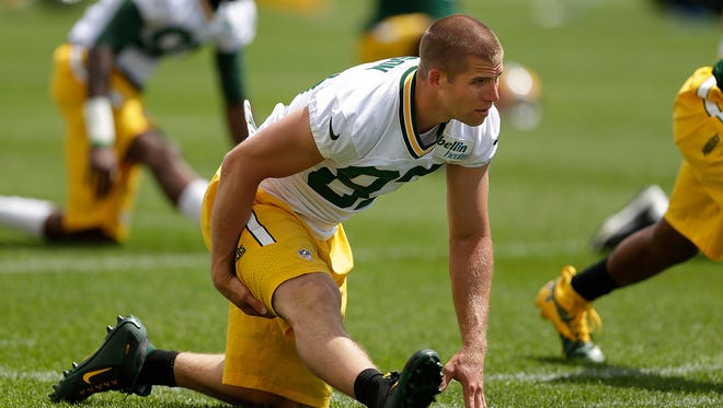 Green Bay Packers receiver Jordy Nelson stretches during organized team activities at Ray Nitschke Field on Thursday.